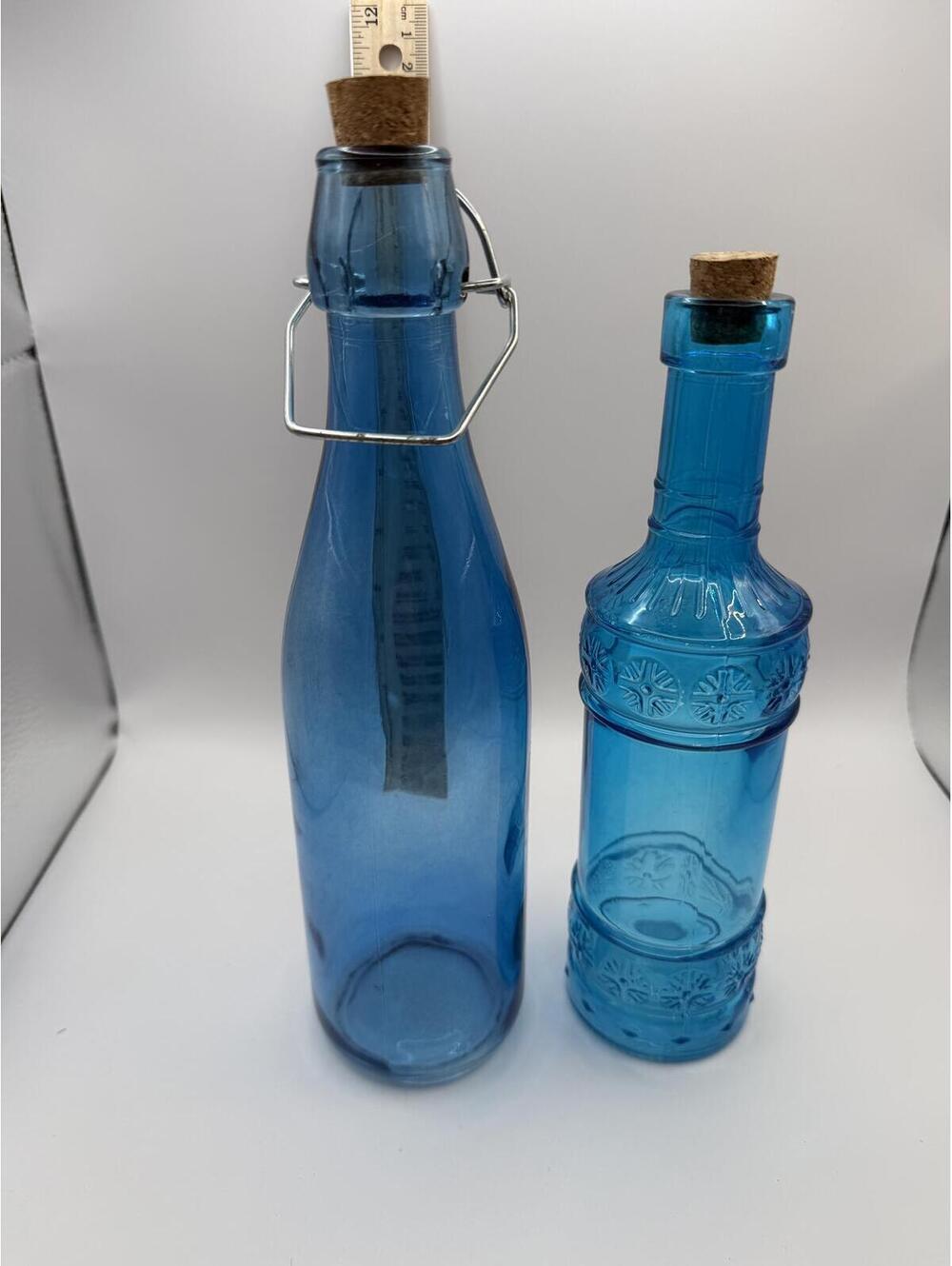 Vintage Blue Glass Bottle Set Cork Stopper Decorative Decanter Vases